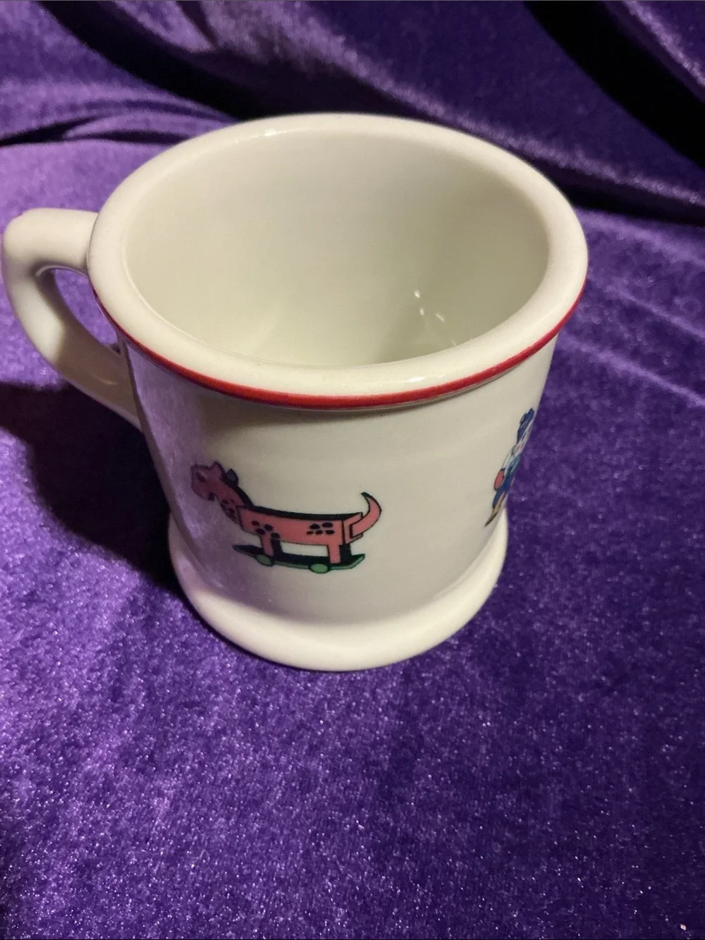 Children's White Ceramic Mug with Red Trim and Colorful Character Print